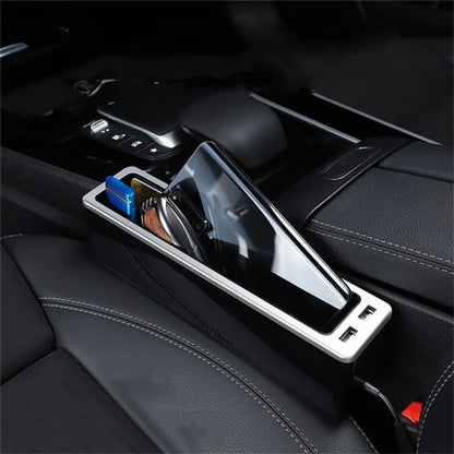 ABS+Metal Car Seat Gap Storage Box Phone Keys Cards Organizer Case with Dual USB Port