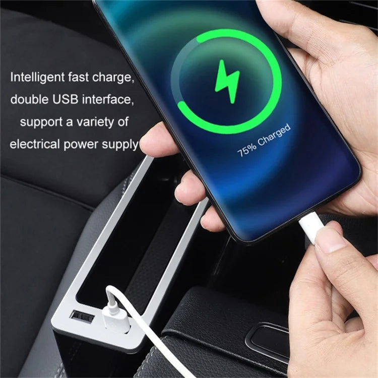 ABS+Metal Car Seat Gap Storage Box Phone Keys Cards Organizer Case with Dual USB Port