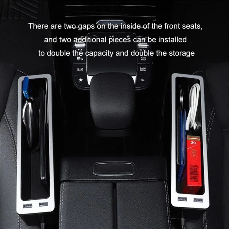 ABS+Metal Car Seat Gap Storage Box Phone Keys Cards Organizer Case with Dual USB Port