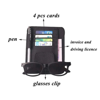 Car Sun Visor Storage Bag Litchi Texture PU Leather Cards Bills Glasses Holder