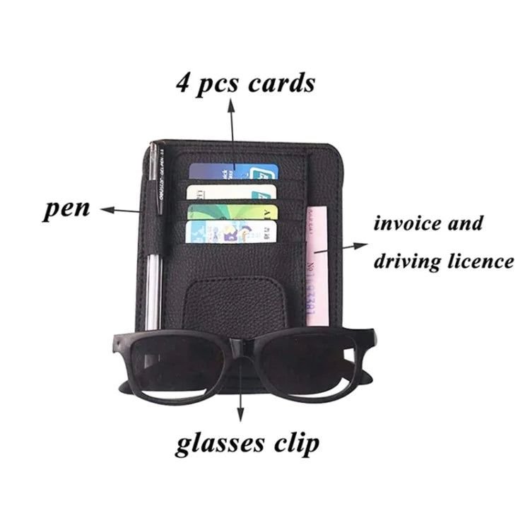 Car Sun Visor Storage Bag Litchi Texture PU Leather Cards Bills Glasses Holder