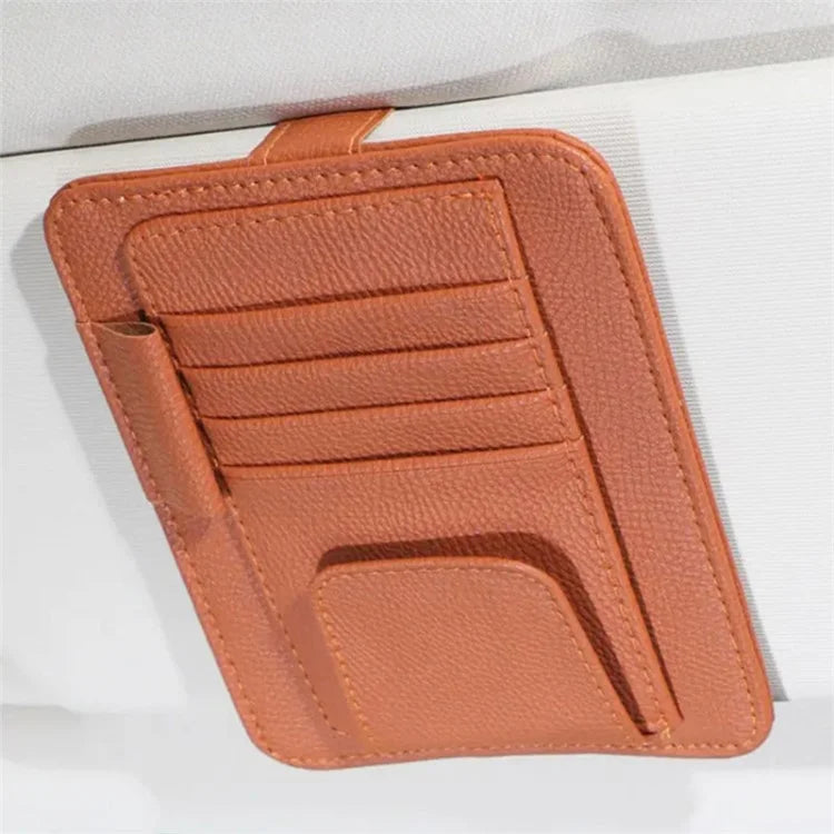 Car Sun Visor Storage Bag Litchi Texture PU Leather Cards Bills Glasses Holder