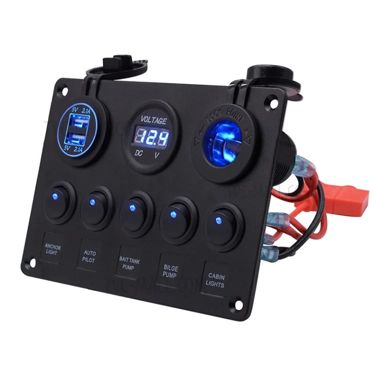 WUPP Car Yacht Combination Switch Round 5-Position Dual USB Car Charger Voltmeter Control Panel Switch