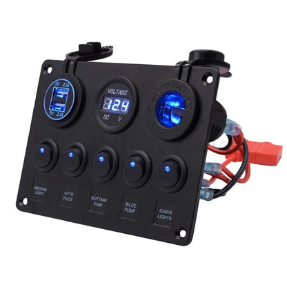 WUPP Car Yacht Combination Switch Round 5-Position Dual USB Car Charger Voltmeter Control Panel Switch