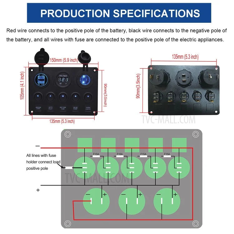 WUPP Car Yacht Combination Switch Round 5-Position Dual USB Car Charger Voltmeter Control Panel Switch