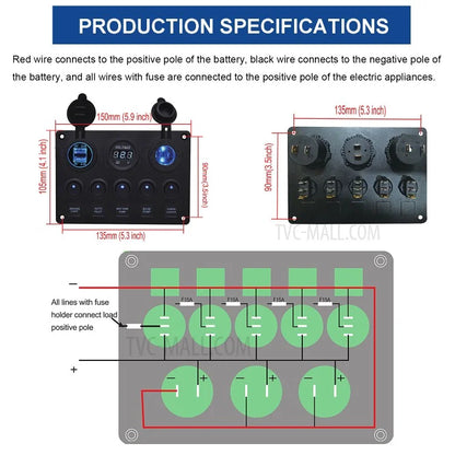 WUPP Car Yacht Combination Switch Round 5-Position Dual USB Car Charger Voltmeter Control Panel Switch