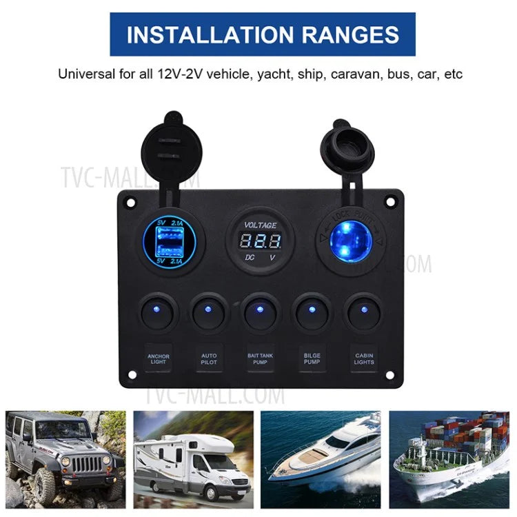 WUPP Car Yacht Combination Switch Round 5-Position Dual USB Car Charger Voltmeter Control Panel Switch