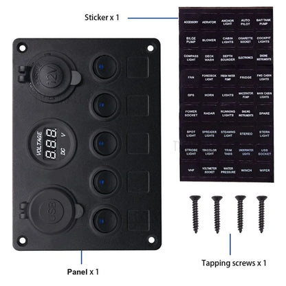 WUPP Car Yacht Combination Switch Round 5-Position Dual USB Car Charger Voltmeter Control Panel Switch