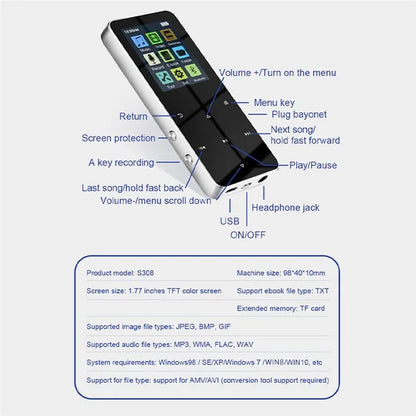 S308 80GB TF Card Touch Screen MP3 Sound Recorder Music Video MP4 Player with Dictionary (No Bluetooth Function)
