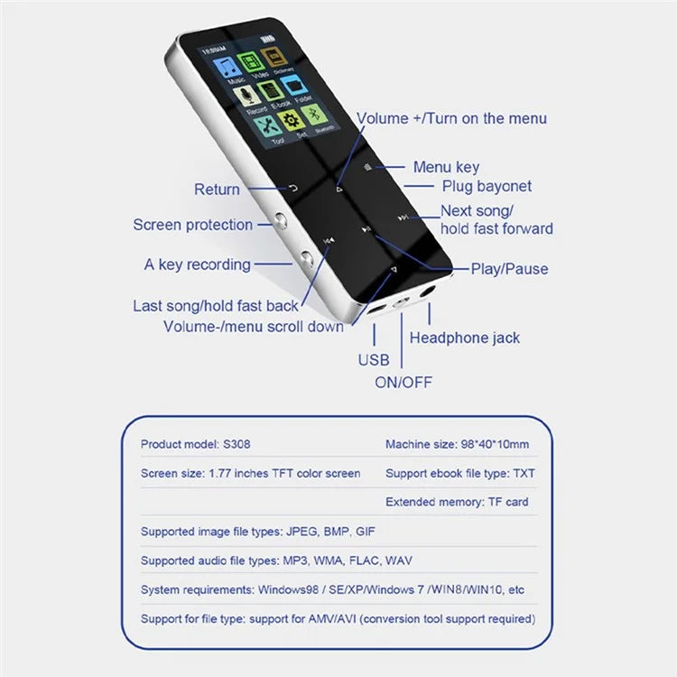 S308 32GB TF Card Touch Screen MP3 Sound Recorder Music Video MP4 Player with Dictionary (No Bluetooth Function)
