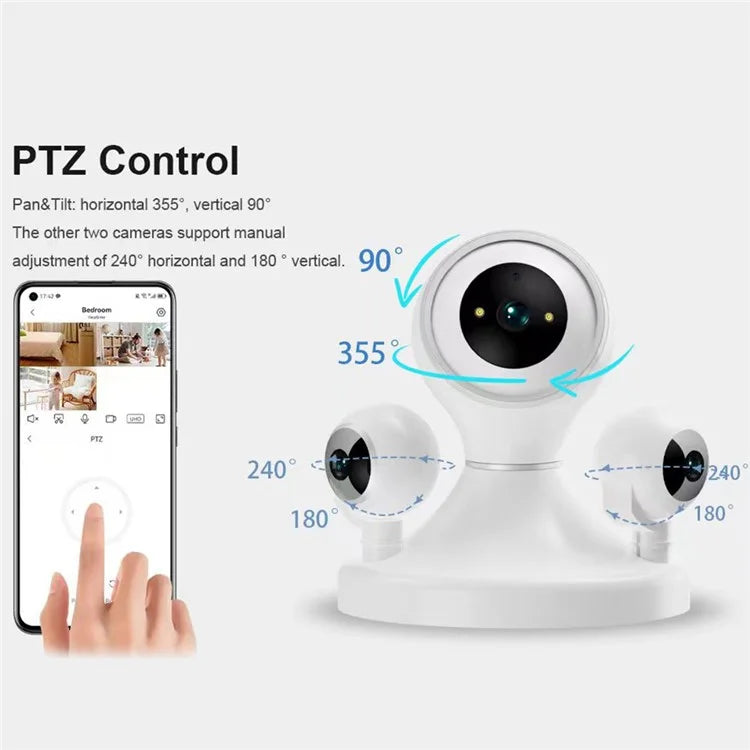HD WiFi Camera Motion Detection Night Vision 3-Lens Home Security Camera, No Memory Card