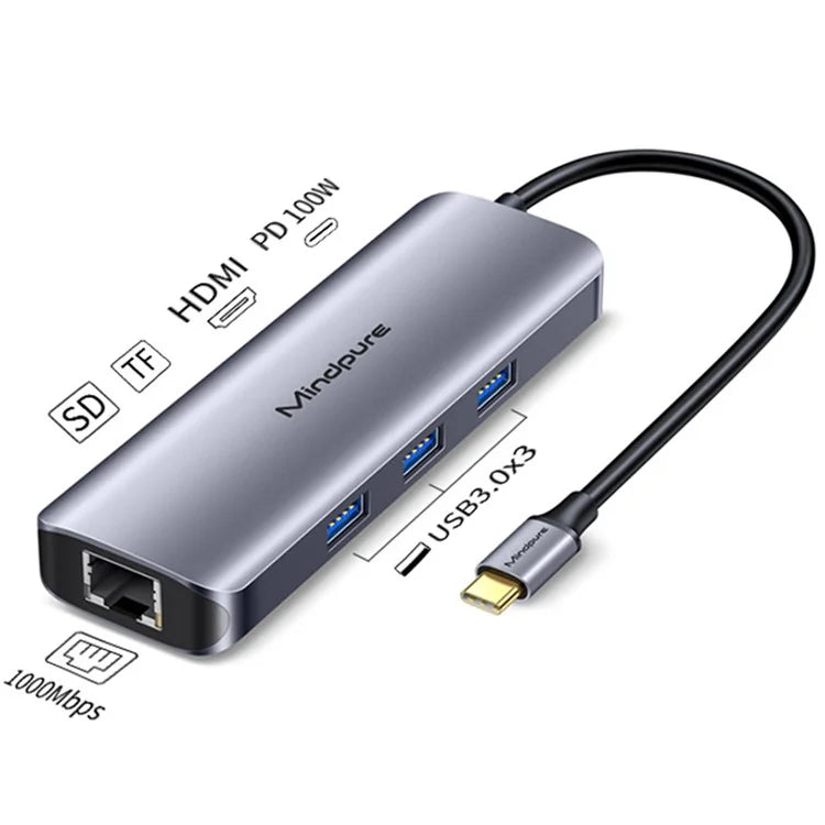 MINDPURE HU010 8-in-1 USB-C Hub Aluminum Alloy Laptop Docking Station, USB3.0x3+HD+PD+SD+TF+RJ45