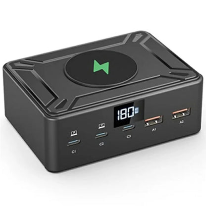 818D Digital Display 3 Type-C + 2 USB 190W High Power Desktop Charger Support Qi Wireless Charging