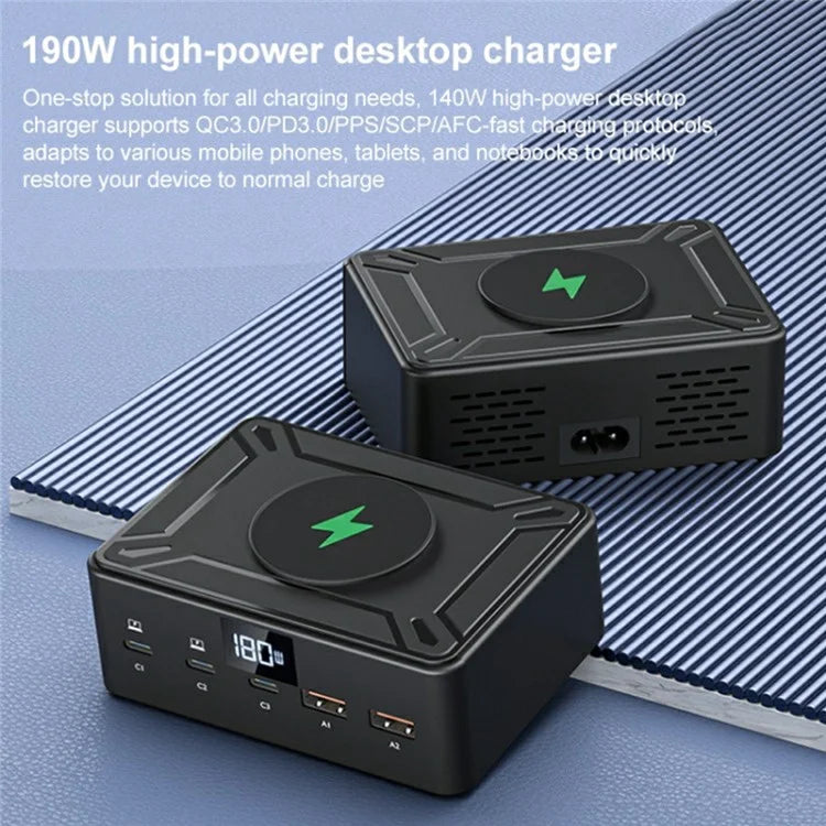 818D Digital Display 3 Type-C + 2 USB 190W High Power Desktop Charger Support Qi Wireless Charging