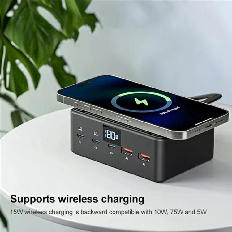 818D Digital Display 3 Type-C + 2 USB 190W High Power Desktop Charger Support Qi Wireless Charging