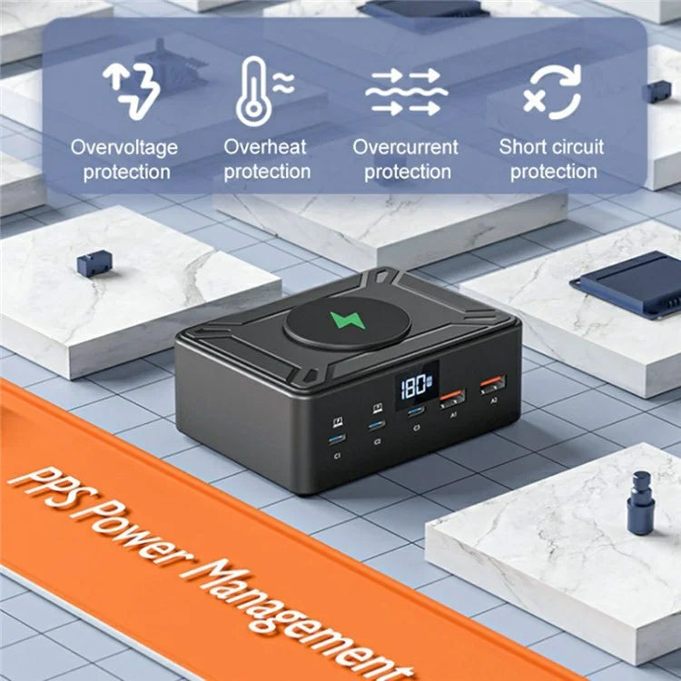 818D Digital Display 3 Type-C + 2 USB 190W High Power Desktop Charger Support Qi Wireless Charging