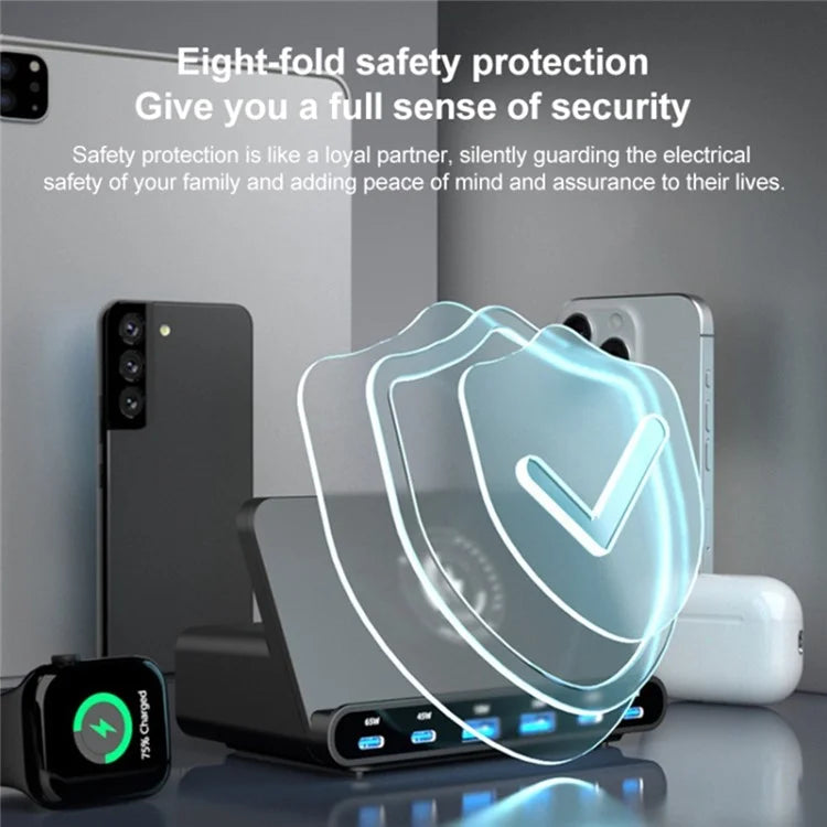 818D 160W 4 Type-C + 2 USB Portable GaN Desktop Charger Support Qi Wireless Charging