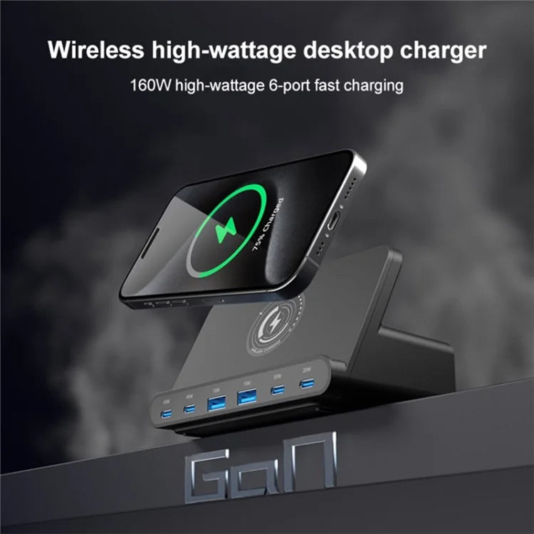 818D 160W 4 Type-C + 2 USB Portable GaN Desktop Charger Support Qi Wireless Charging
