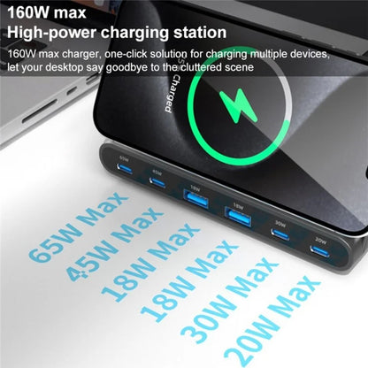 818D 160W 4 Type-C + 2 USB Portable GaN Desktop Charger Support Qi Wireless Charging