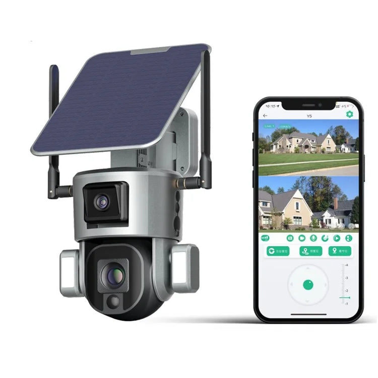Y5 Dual Lens Solar Security Camera 8MP Night Vision Wireless Surveillance Camera with 4X Zoom