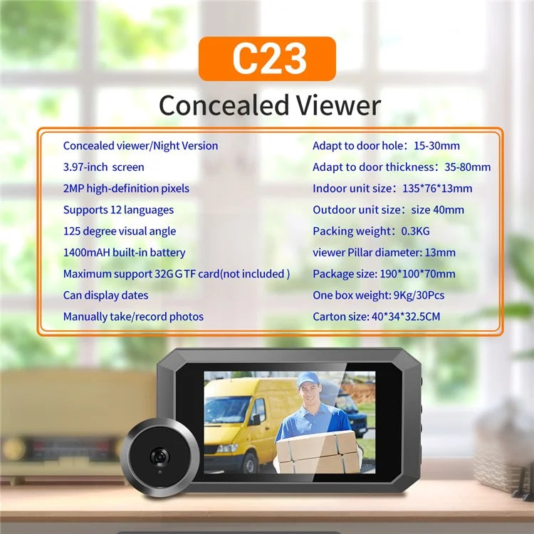 C23 1080P 3.97-Inch Screen Night Vision Doorbell Wide-Angle Camera for Home Security