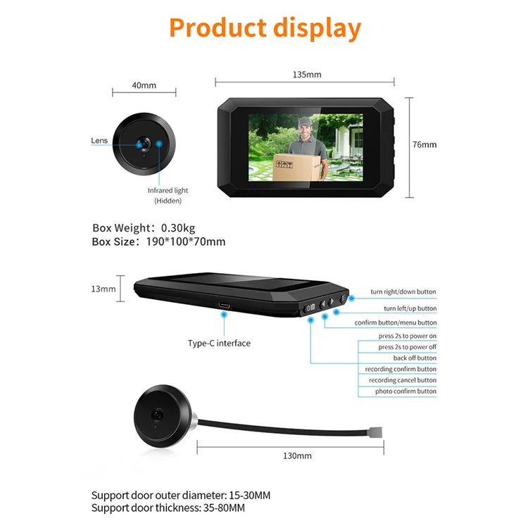 C23 1080P 3.97-Inch Screen Night Vision Doorbell Wide-Angle Camera for Home Security