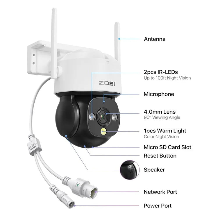 ZOSI C290SE 2MP Two-Way Audio PTZ Camera Night Vision Smart Security Camera