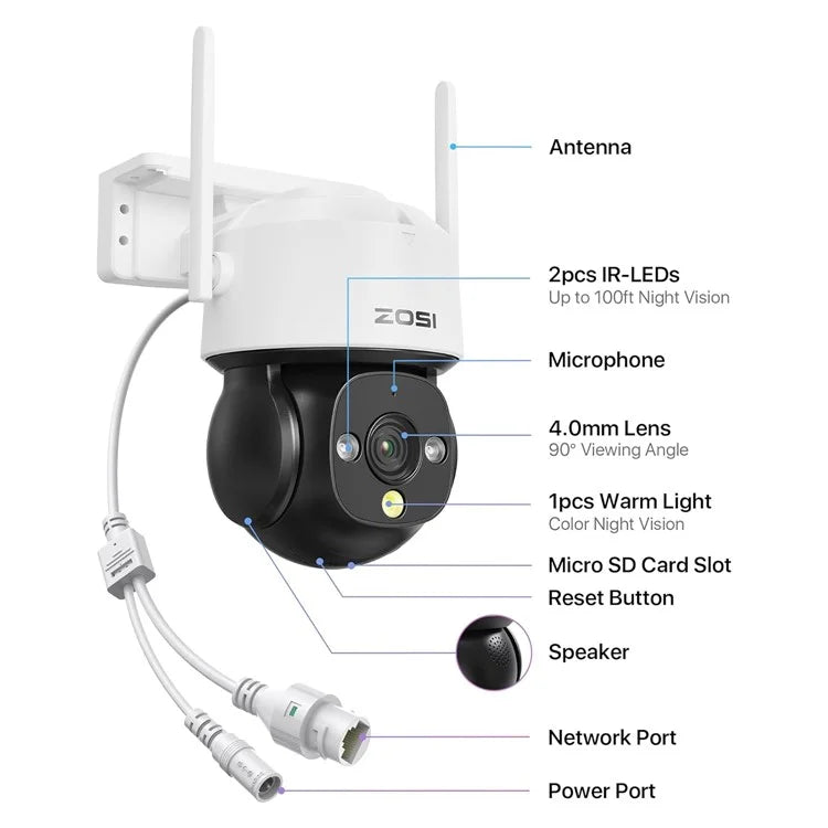 ZOSI C290SE 4MP Two-Way Audio PTZ Camera Night Vision Smart Security Camera