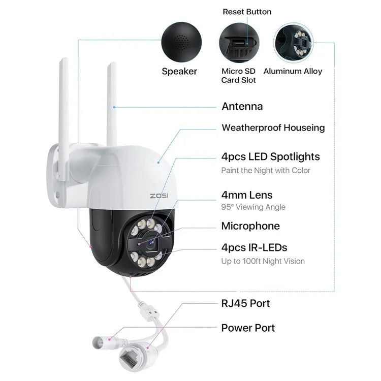 ZOSI C2892w 2MP HD Smart Network Surveillance Camera Outdoor Security Mobile Remote Camera