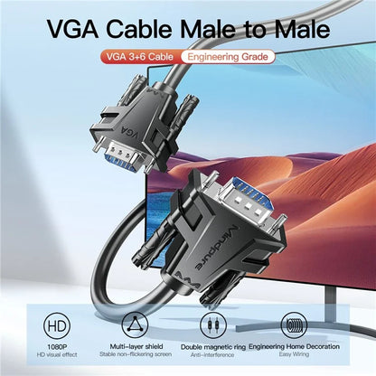 MINDPURE VG002 10m VGA 3+6 1080P HD Video Cable for Laptops Monitors Projectors