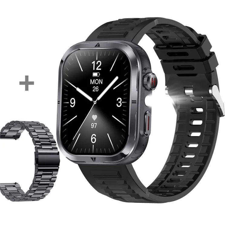 MK86 2.01-inch Screen Bluetooth Call Smart Watch Health Monitoring Flashlight Sports Watch, Silicone + Steel Strap