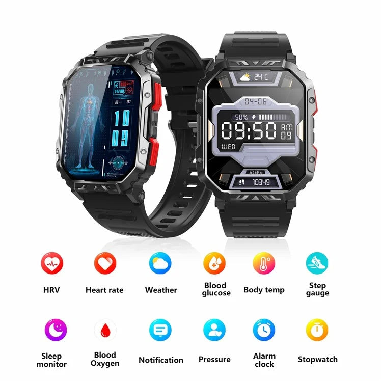 F407 Outdoor Waterproof Rugged Smart Watch Blood Sugar Heart Rate Monitor with Silicone Strap
