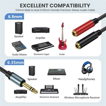 1m 1 / 4 Inch TRS Stereo Splitter Y Cable 6.35mm Stereo Male Plug to Dual 6.35mm Female Jack Wire