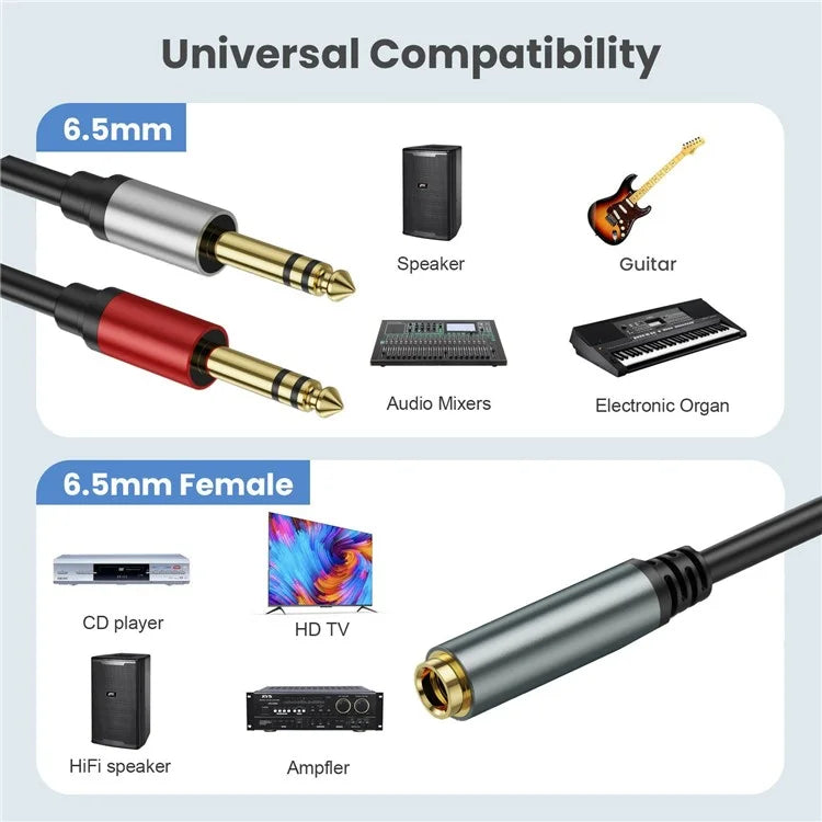 2m 6.35mm Female Jack to 2x 1 / 4 Inch Male Plug Stereo Audio Adapter Speaker Y Splitter Cable