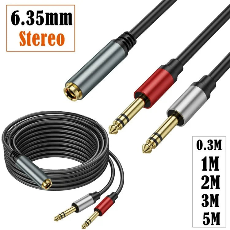 1m 6.35mm Female Jack to 2x 1 / 4 Inch Male Plug Stereo Audio Adapter Speaker Y Splitter Cable