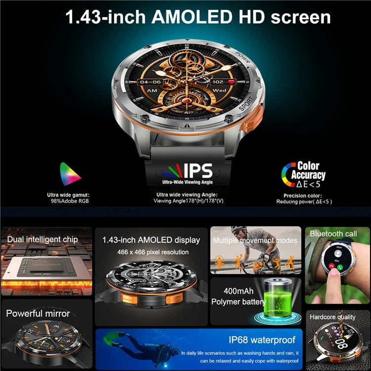 AK59 1.43-inch AMOLED Screen Sports Wristband Heart Rate Blood Oxygen Monitor Smart Watch, Steel Strap