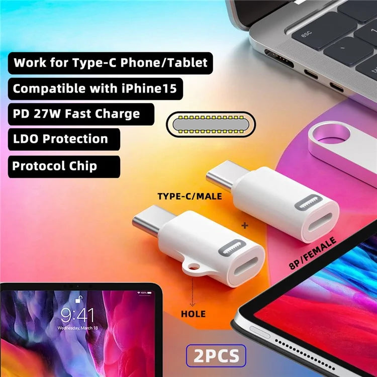 U2-058-LT020 2PCS Type C Male to iP Female 27W Power 480Mbps Data Adapter for iPhone, Android, Tablet
