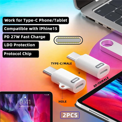 U2-058-LT020 2PCS Type C Male to iP Female 27W Power 480Mbps Data Adapter for iPhone, Android, Tablet