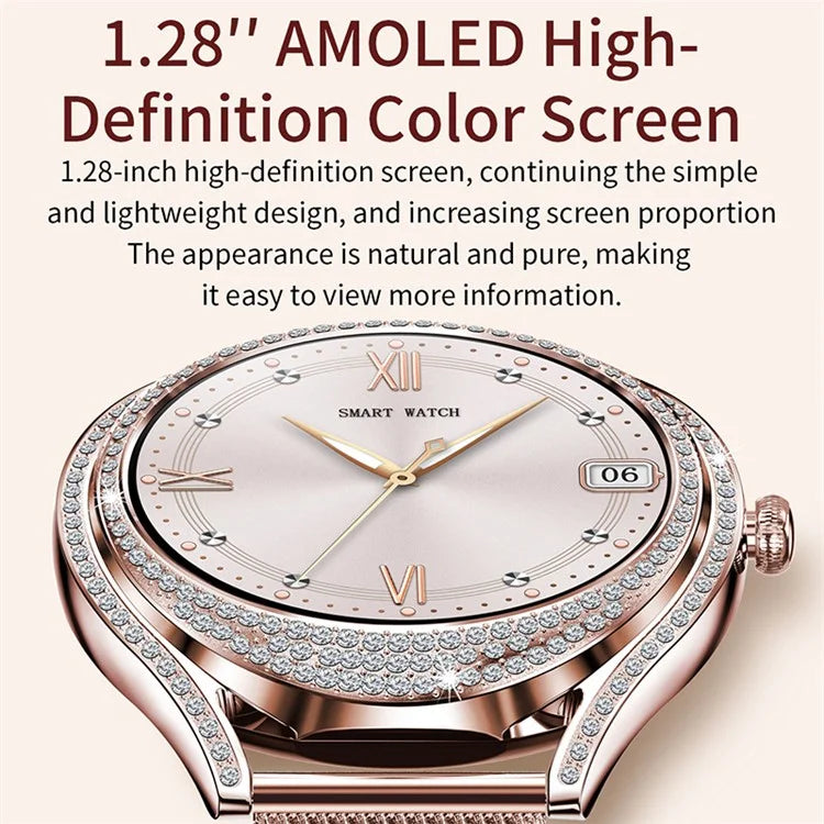 V66 1.28 Inch HD Screen Women Smart Watch Heart Rate Monitor Bracelet with Zircon Decor, Silicone Strap