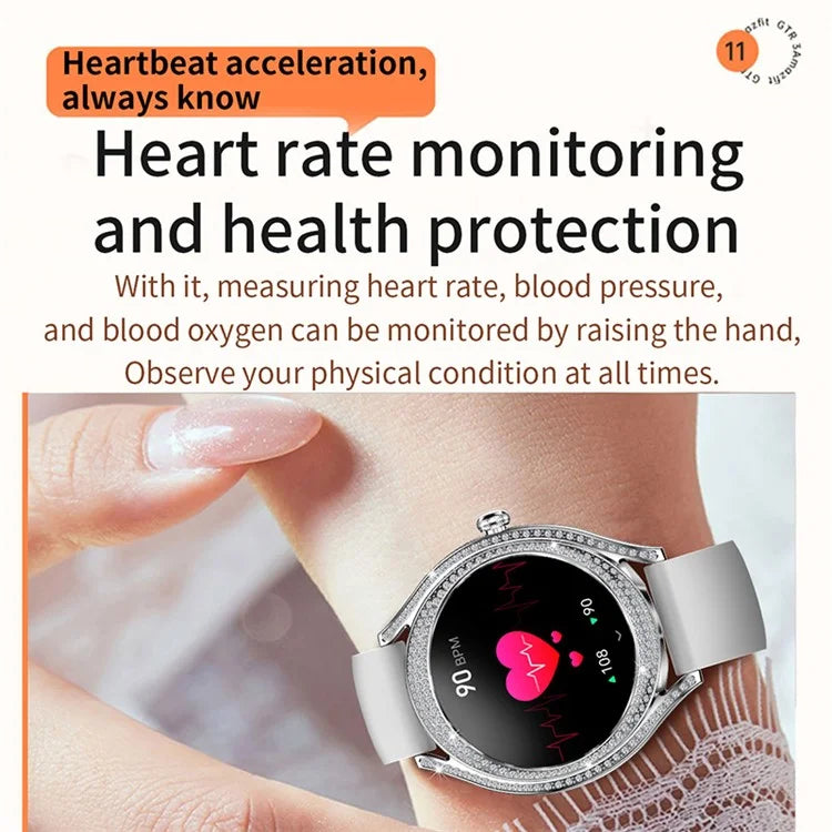 V66 1.28 Inch HD Screen Women Smart Watch Heart Rate Monitor Bracelet with Zircon Decor, Silicone Strap