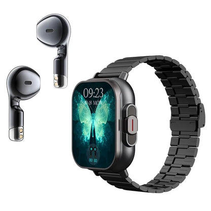D8 2 in 1 Bluetooth Earphone Multiple Sports Modes Smart Watch Support Health Monitor, Steel Strap