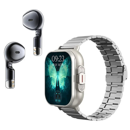 D8 2 in 1 Bluetooth Earphone Multiple Sports Modes Smart Watch Support Health Monitor, Steel Strap