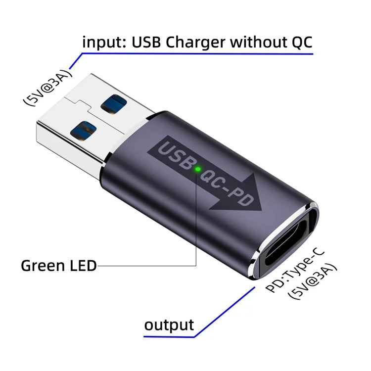 UC-167-QC 2PCS USB 2.0 QC Male to PD Type-C Female Adapters with LED Light