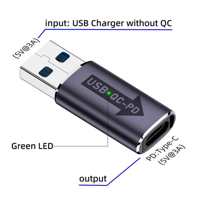 UC-167-QC 2PCS USB 2.0 QC Male to PD Type-C Female Adapters with LED Light