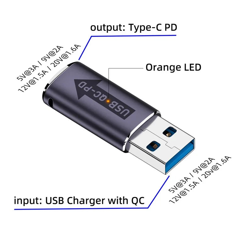 UC-167-QC 2PCS USB 2.0 QC Male to PD Type-C Female Adapters with LED Light
