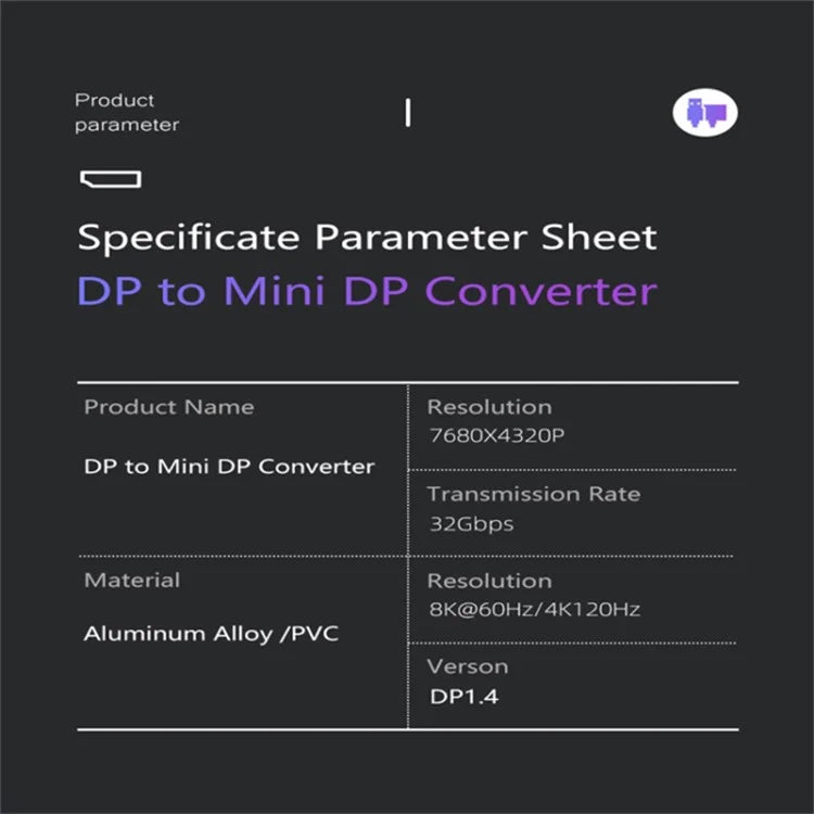 Mini DP Male Adapter to DP 1.4 Female Converter Support 8K HD Video Data Transmission