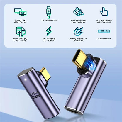 Magnetic USB4 Type-C Front Elbow Converter 40Gbps 140W 5A Fast Charging OTG Adapter