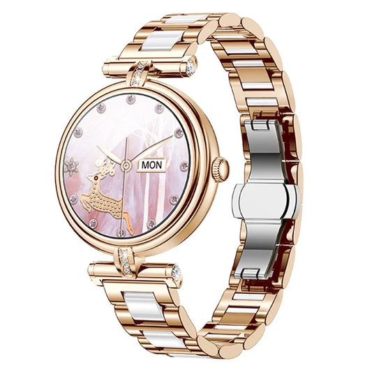 AK62 1.09-inch Round Screen Bluetooth Call Women Heart Rate Smart Watch, Steel Strap