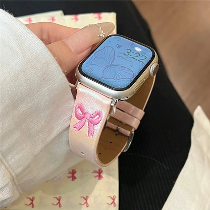 For Apple Watch Series 9 8 7 41mm / 6 5 4 SE (2022) SE (2023) SE 40mm / 3 2 1 38mm Watch Band Bowknot Leather Strap