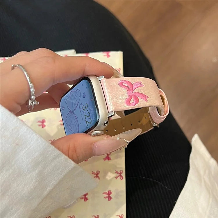 For Apple Watch Series 9 8 7 41mm / 6 5 4 SE (2022) SE (2023) SE 40mm / 3 2 1 38mm Watch Band Bowknot Leather Strap